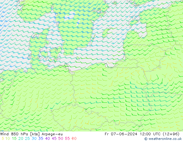 Rüzgar 850 hPa Arpege-eu Cu 07.06.2024 12 UTC