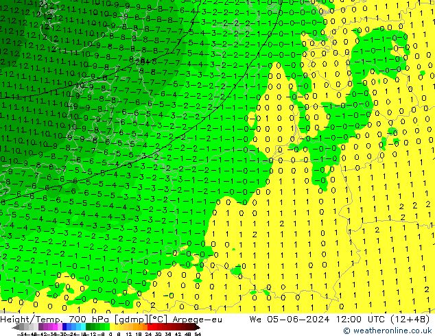 Height/Temp. 700 hPa Arpege-eu mer 05.06.2024 12 UTC