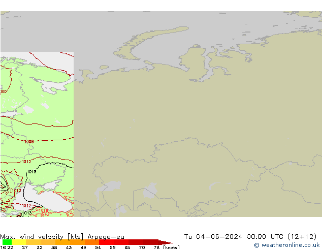 Max. wind velocity Arpege-eu wto. 04.06.2024 00 UTC