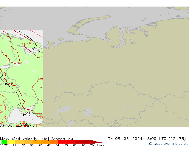 Max. wind velocity Arpege-eu czw. 06.06.2024 18 UTC