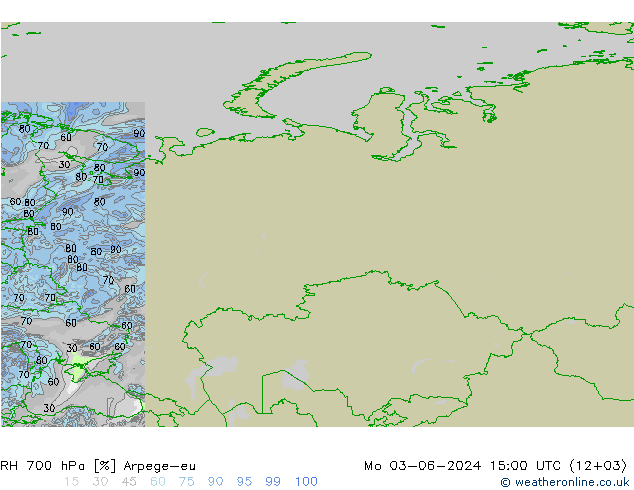 RH 700 hPa Arpege-eu Mo 03.06.2024 15 UTC