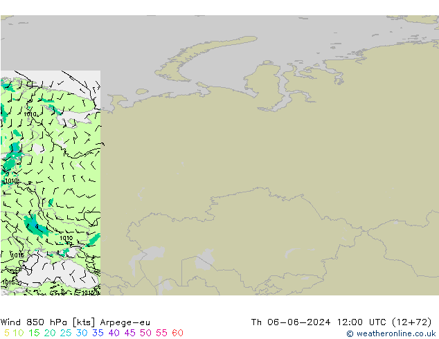 ветер 850 гПа Arpege-eu чт 06.06.2024 12 UTC