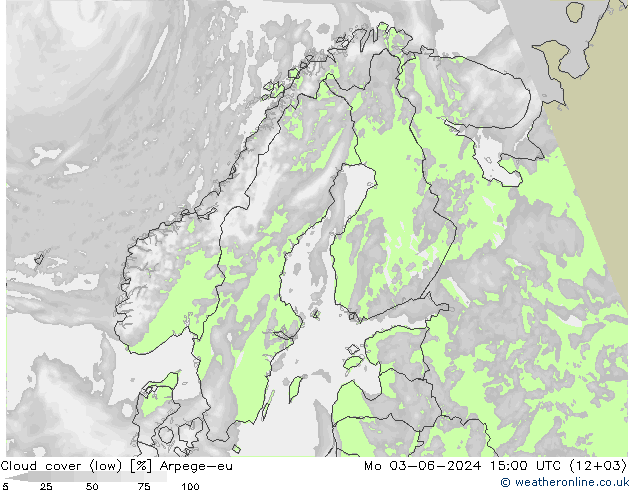 Cloud cover (low) Arpege-eu Mo 03.06.2024 15 UTC
