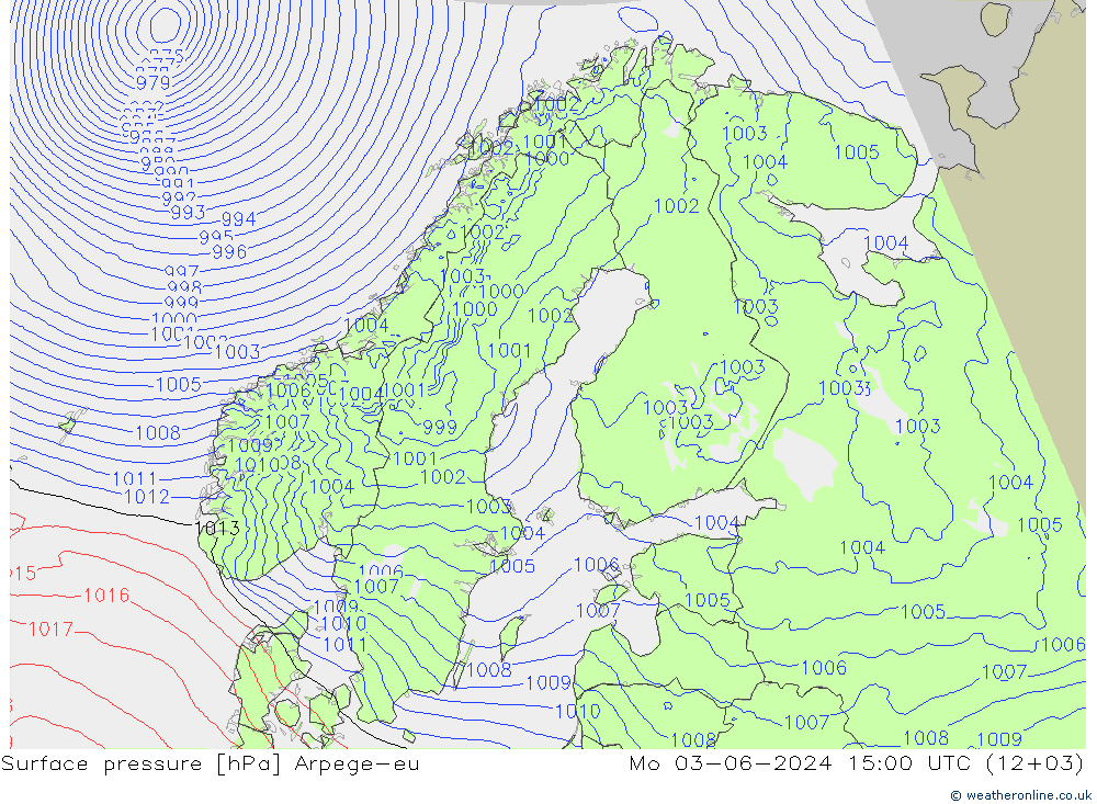 Surface pressure Arpege-eu Mo 03.06.2024 15 UTC