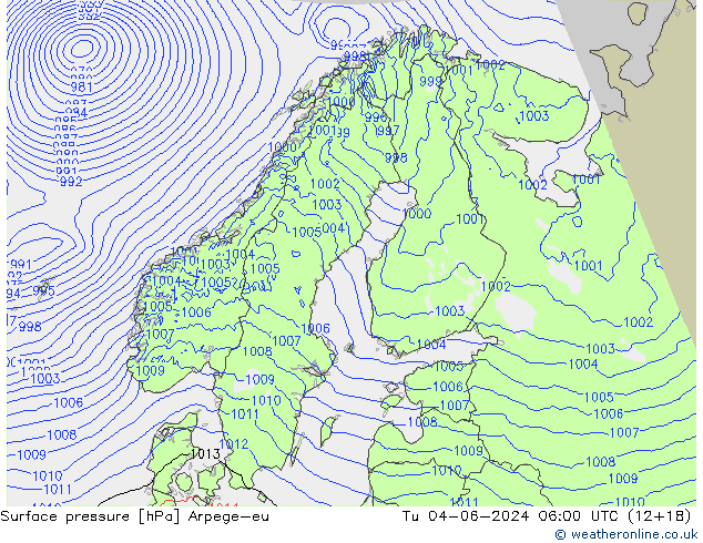 Surface pressure Arpege-eu Tu 04.06.2024 06 UTC