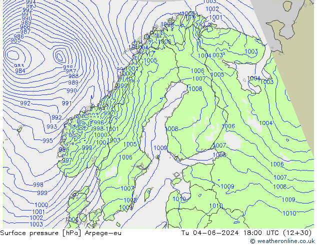 Surface pressure Arpege-eu Tu 04.06.2024 18 UTC