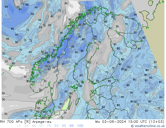 RH 700 hPa Arpege-eu 星期一 03.06.2024 15 UTC