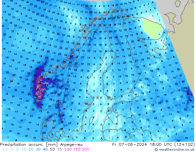 Precipitation accum. Arpege-eu Pá 07.06.2024 18 UTC