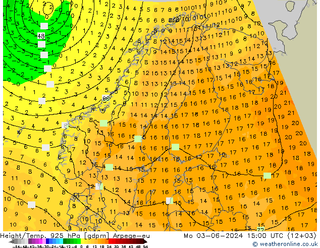 Height/Temp. 925 hPa Arpege-eu 星期一 03.06.2024 15 UTC