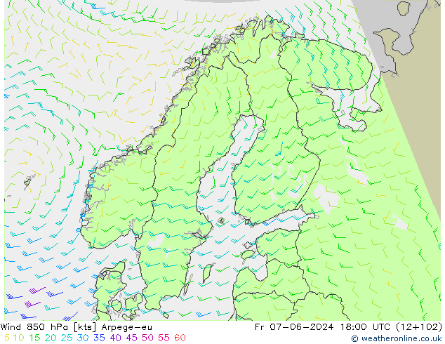 Wind 850 hPa Arpege-eu Pá 07.06.2024 18 UTC