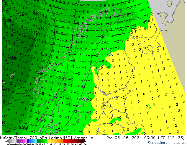 Height/Temp. 700 hPa Arpege-eu St 05.06.2024 00 UTC