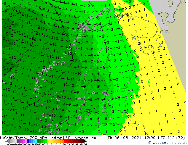 Height/Temp. 700 hPa Arpege-eu Th 06.06.2024 12 UTC