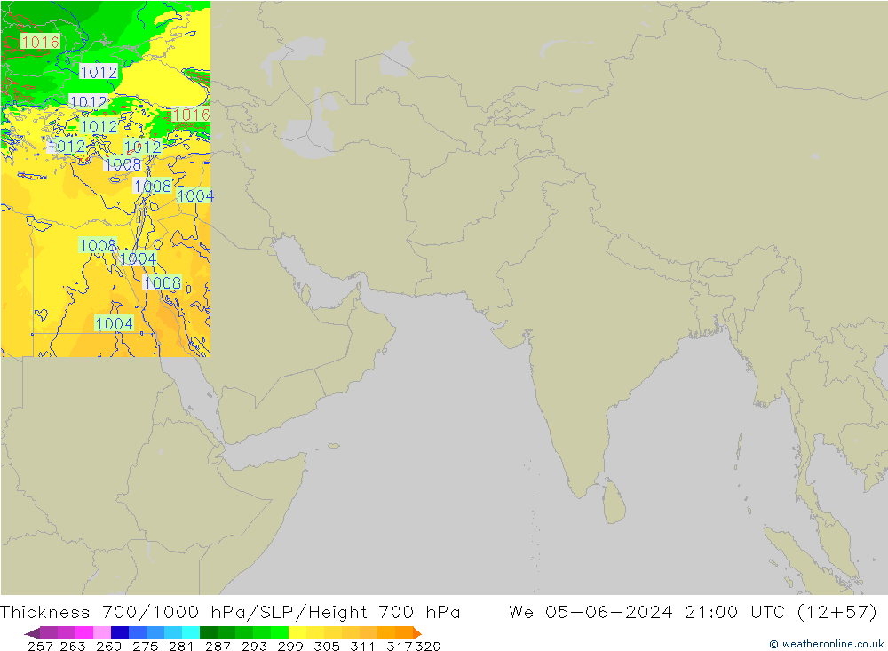 Thck 700-1000 гПа Arpege-eu ср 05.06.2024 21 UTC