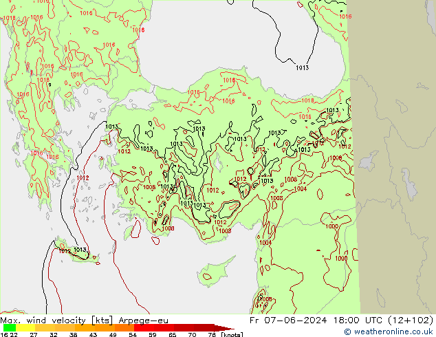 Max. wind velocity Arpege-eu Sex 07.06.2024 18 UTC