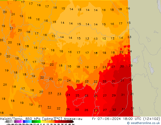 Yükseklik/Sıc. 850 hPa Arpege-eu Cu 07.06.2024 18 UTC