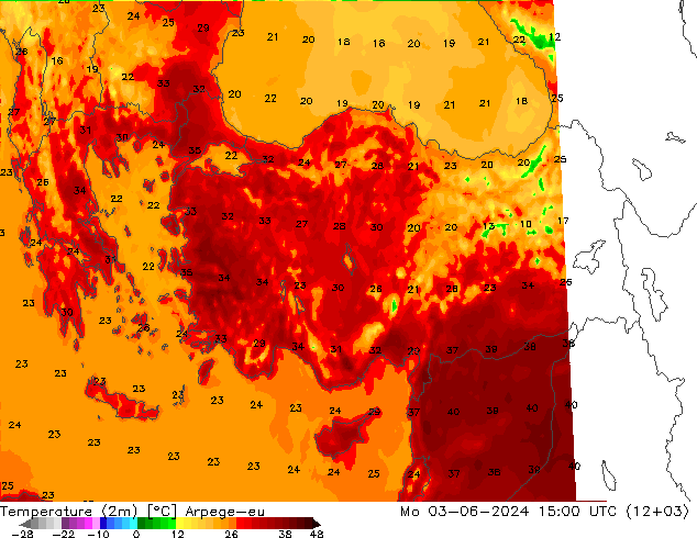 mapa temperatury (2m) Arpege-eu pon. 03.06.2024 15 UTC