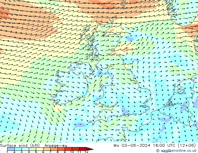 Vent 10 m (bft) Arpege-eu lun 03.06.2024 18 UTC