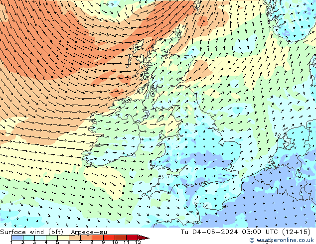 wiatr 10 m (bft) Arpege-eu wto. 04.06.2024 03 UTC