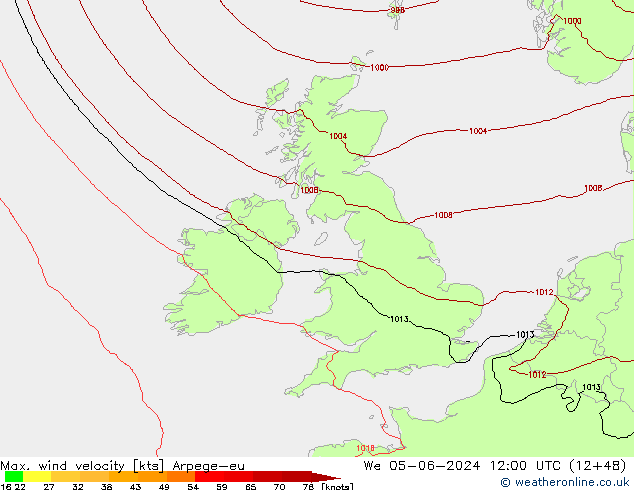 Max. wind velocity Arpege-eu mer 05.06.2024 12 UTC