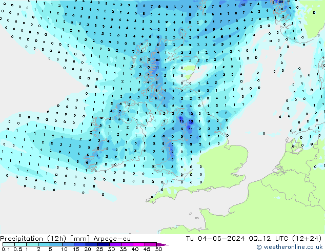 Precipitation (12h) Arpege-eu Út 04.06.2024 12 UTC