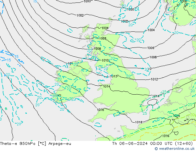 Theta-e 850hPa Arpege-eu Qui 06.06.2024 00 UTC