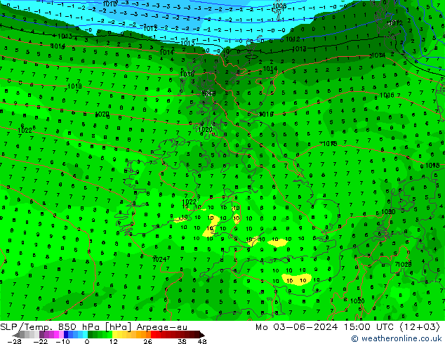 SLP/Temp. 850 hPa Arpege-eu pon. 03.06.2024 15 UTC