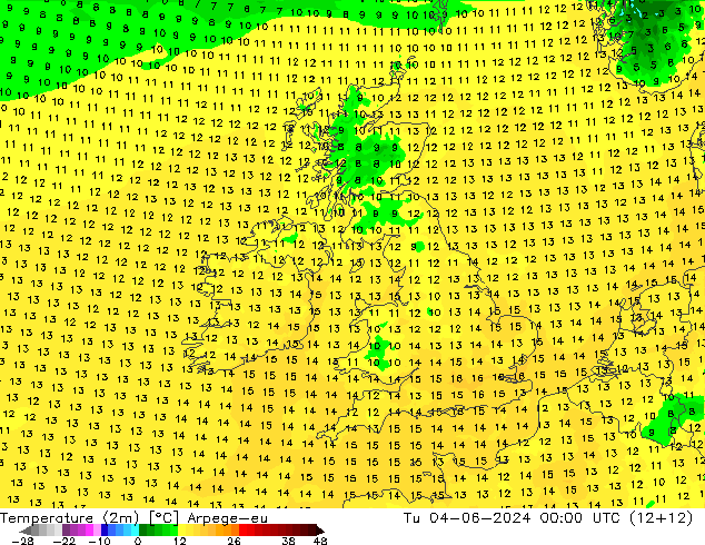 température (2m) Arpege-eu mar 04.06.2024 00 UTC