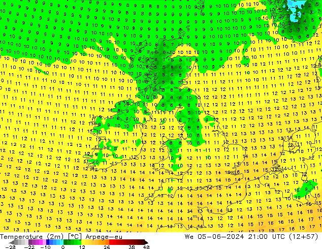 température (2m) Arpege-eu mer 05.06.2024 21 UTC