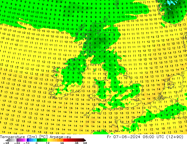 Temperatuurkaart (2m) Arpege-eu vr 07.06.2024 06 UTC