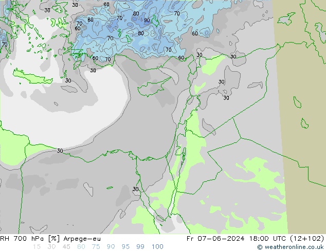 Humidité rel. 700 hPa Arpege-eu ven 07.06.2024 18 UTC