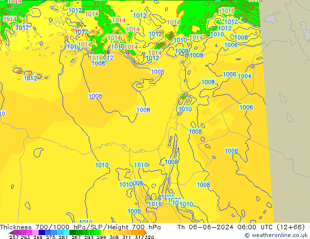 Espesor 700-1000 hPa Arpege-eu jue 06.06.2024 06 UTC