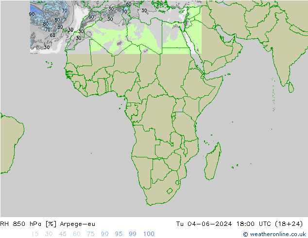 RH 850 hPa Arpege-eu Tu 04.06.2024 18 UTC