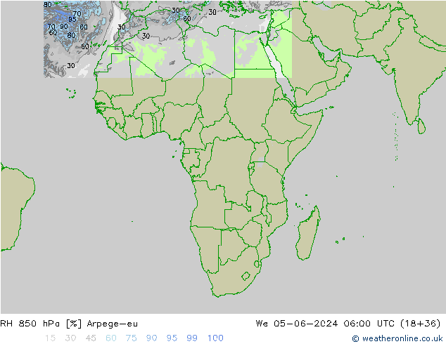 Humedad rel. 850hPa Arpege-eu mié 05.06.2024 06 UTC