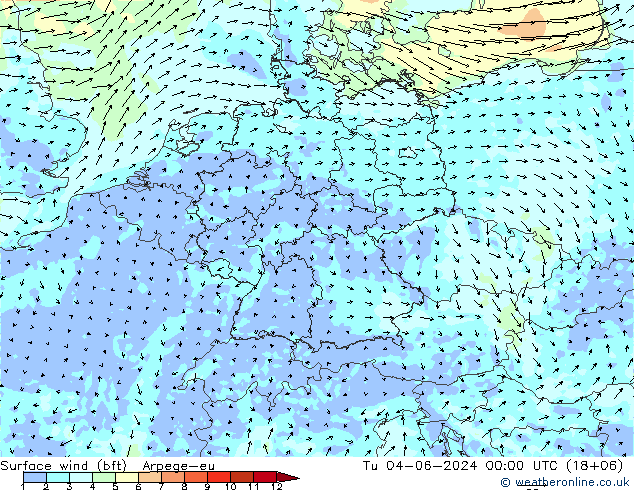 Surface wind (bft) Arpege-eu Út 04.06.2024 00 UTC