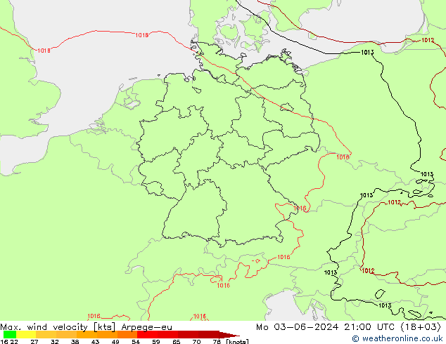 Max. wind velocity Arpege-eu Mo 03.06.2024 21 UTC