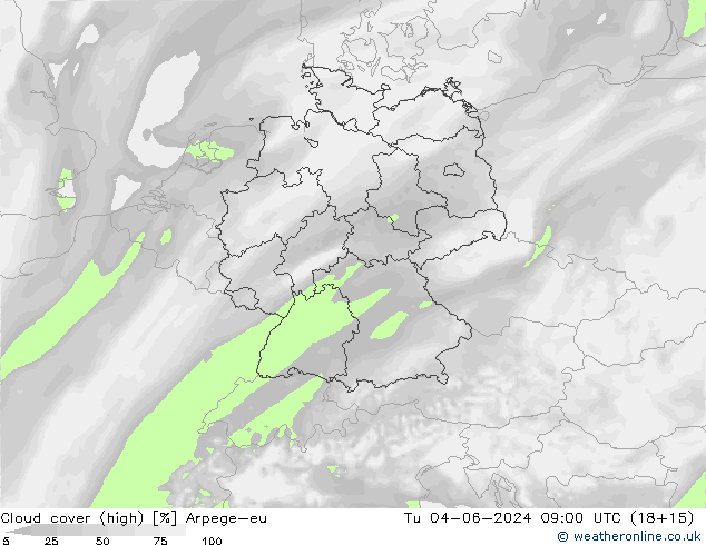 Cloud cover (high) Arpege-eu Tu 04.06.2024 09 UTC
