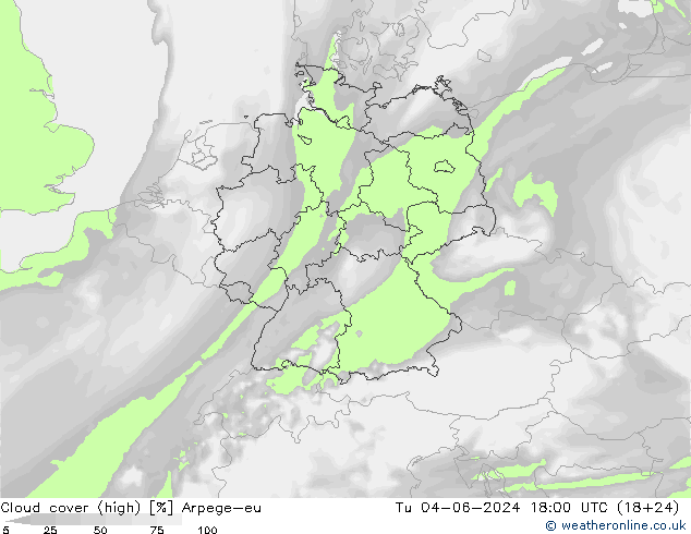 Cloud cover (high) Arpege-eu Tu 04.06.2024 18 UTC