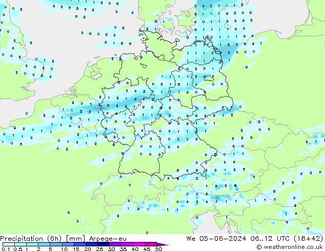 Precipitación (6h) Arpege-eu mié 05.06.2024 12 UTC