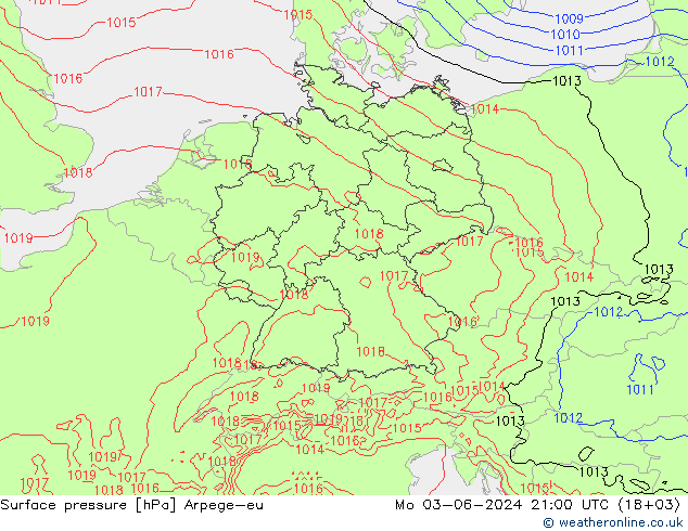 地面气压 Arpege-eu 星期一 03.06.2024 21 UTC