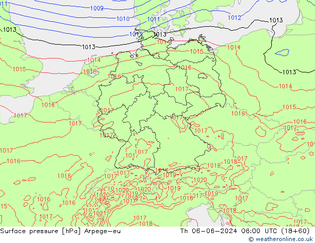 Atmosférický tlak Arpege-eu Čt 06.06.2024 06 UTC