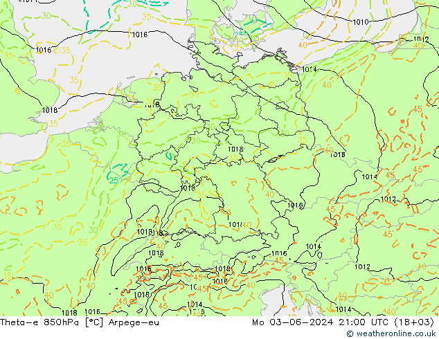 Theta-e 850hPa Arpege-eu Mo 03.06.2024 21 UTC