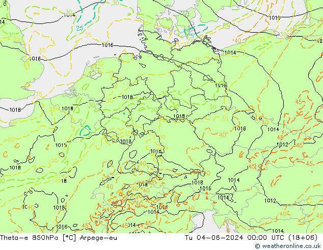 Theta-e 850hPa Arpege-eu Tu 04.06.2024 00 UTC