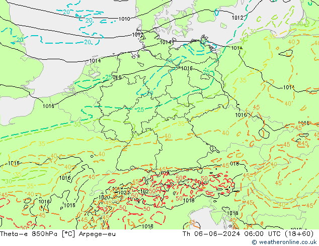 Theta-e 850hPa Arpege-eu Čt 06.06.2024 06 UTC