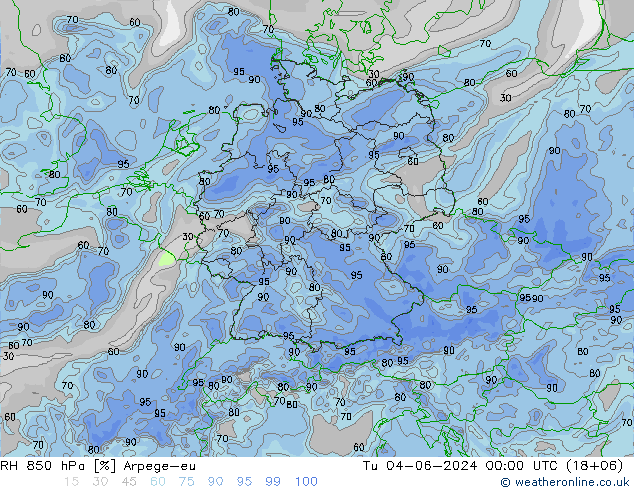 RH 850 гПа Arpege-eu вт 04.06.2024 00 UTC