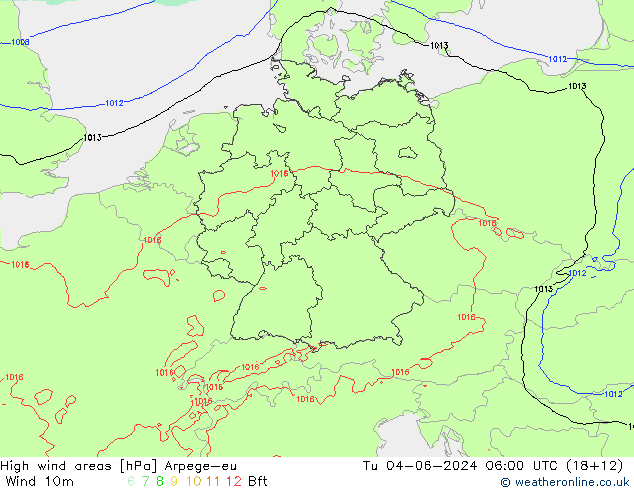 High wind areas Arpege-eu Út 04.06.2024 06 UTC