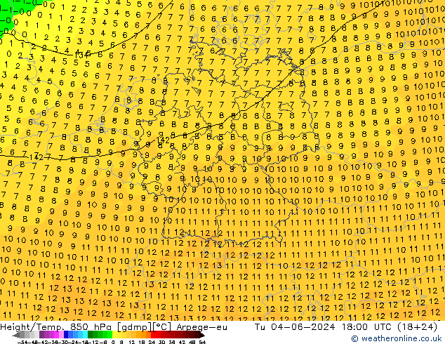 Height/Temp. 850 hPa Arpege-eu 星期二 04.06.2024 18 UTC