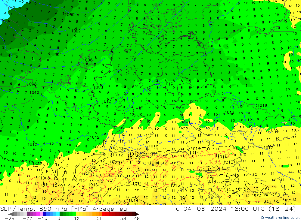 SLP/Temp. 850 hPa Arpege-eu 星期二 04.06.2024 18 UTC