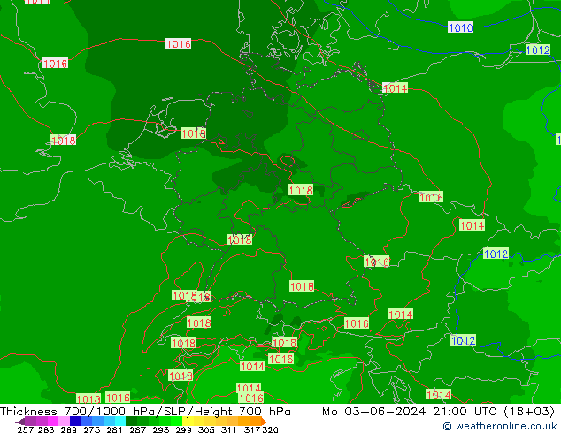 Thck 700-1000 гПа Arpege-eu пн 03.06.2024 21 UTC