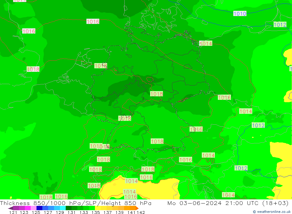 Dikte 850-1000 hPa Arpege-eu ma 03.06.2024 21 UTC