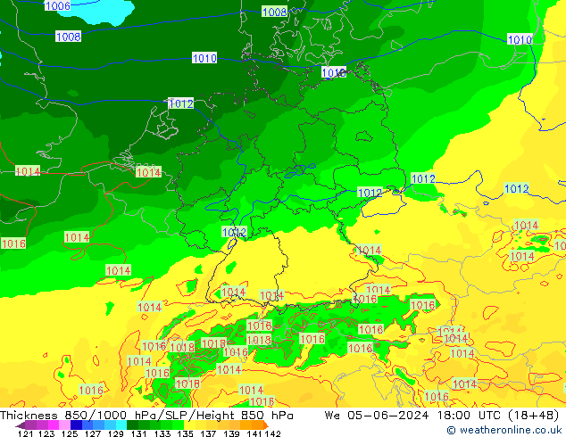 Thck 850-1000 hPa Arpege-eu We 05.06.2024 18 UTC